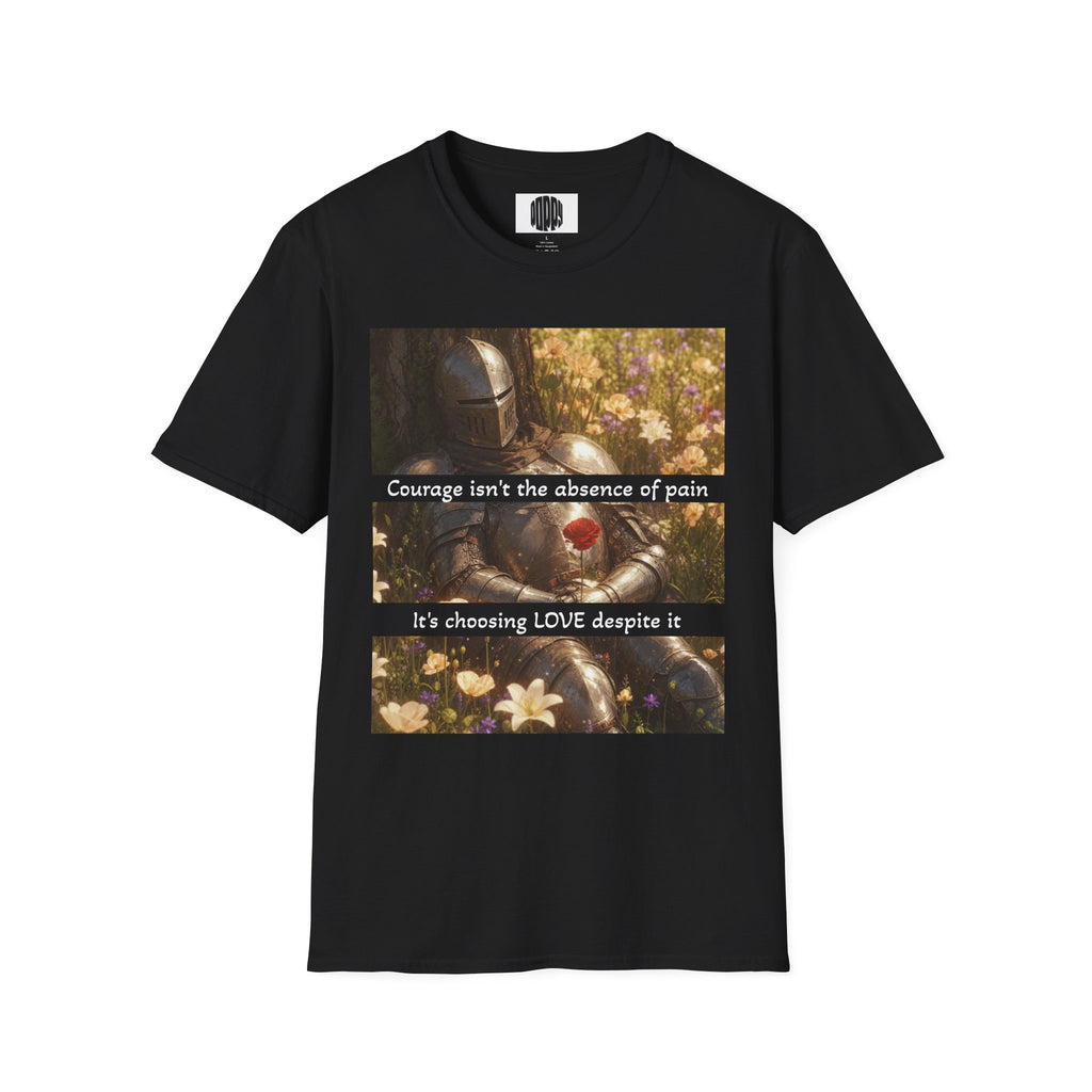 Black t-shirt with a graphic design featuring armor and flowers on a white background