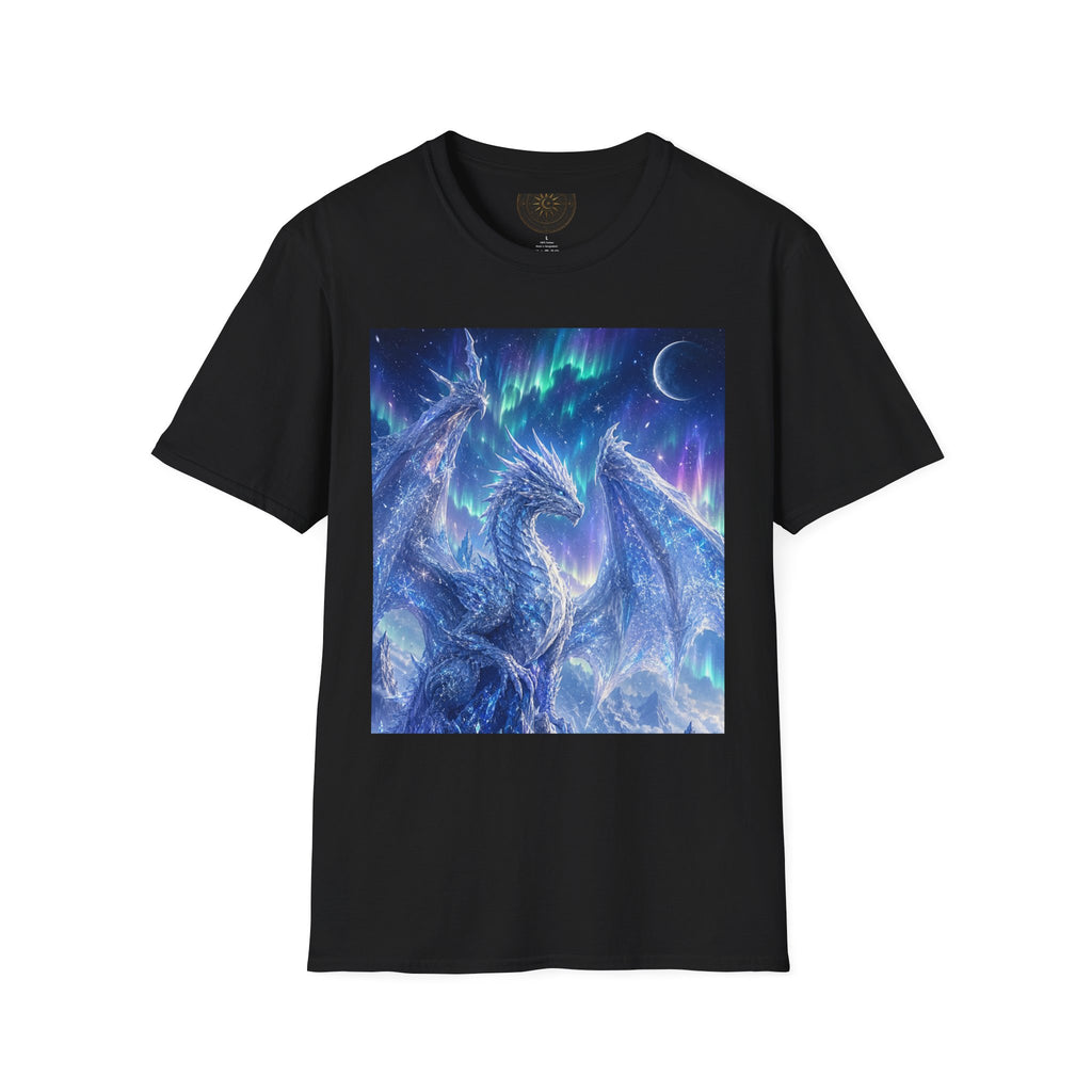Black t-shirt with a blue dragon graphic on a white background