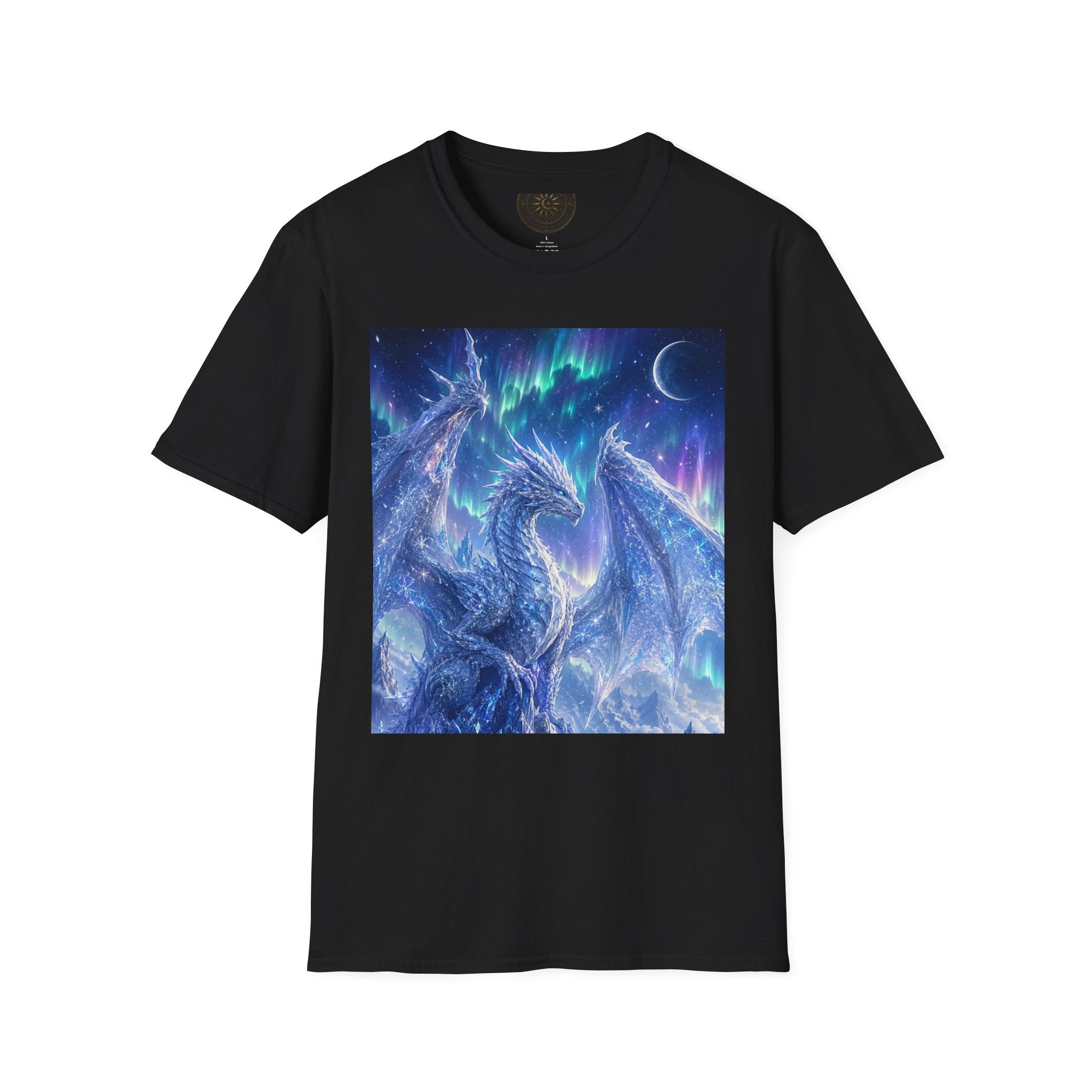 Black t-shirt with a blue dragon graphic on a white background