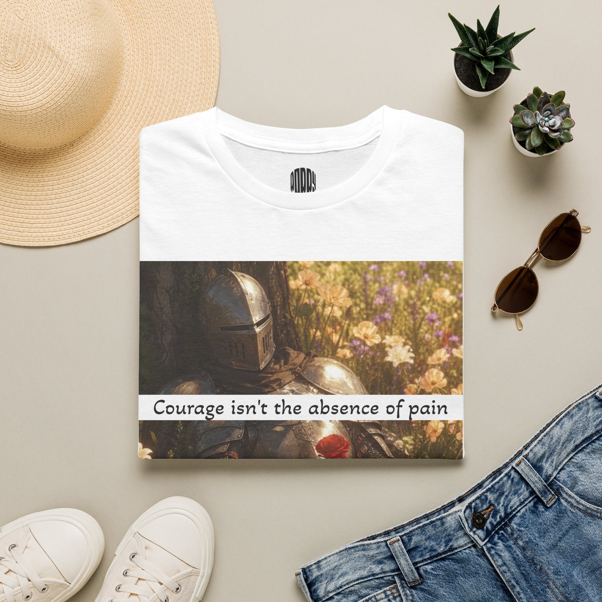 T‑Shirt — 'Courage isn't the absence of pain' Floral Mandalorian Tribute