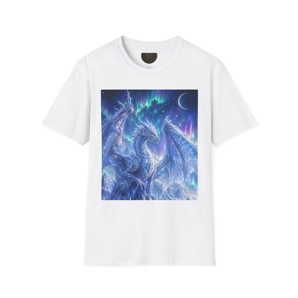 White t-shirt with a dragon graphic design on a white background