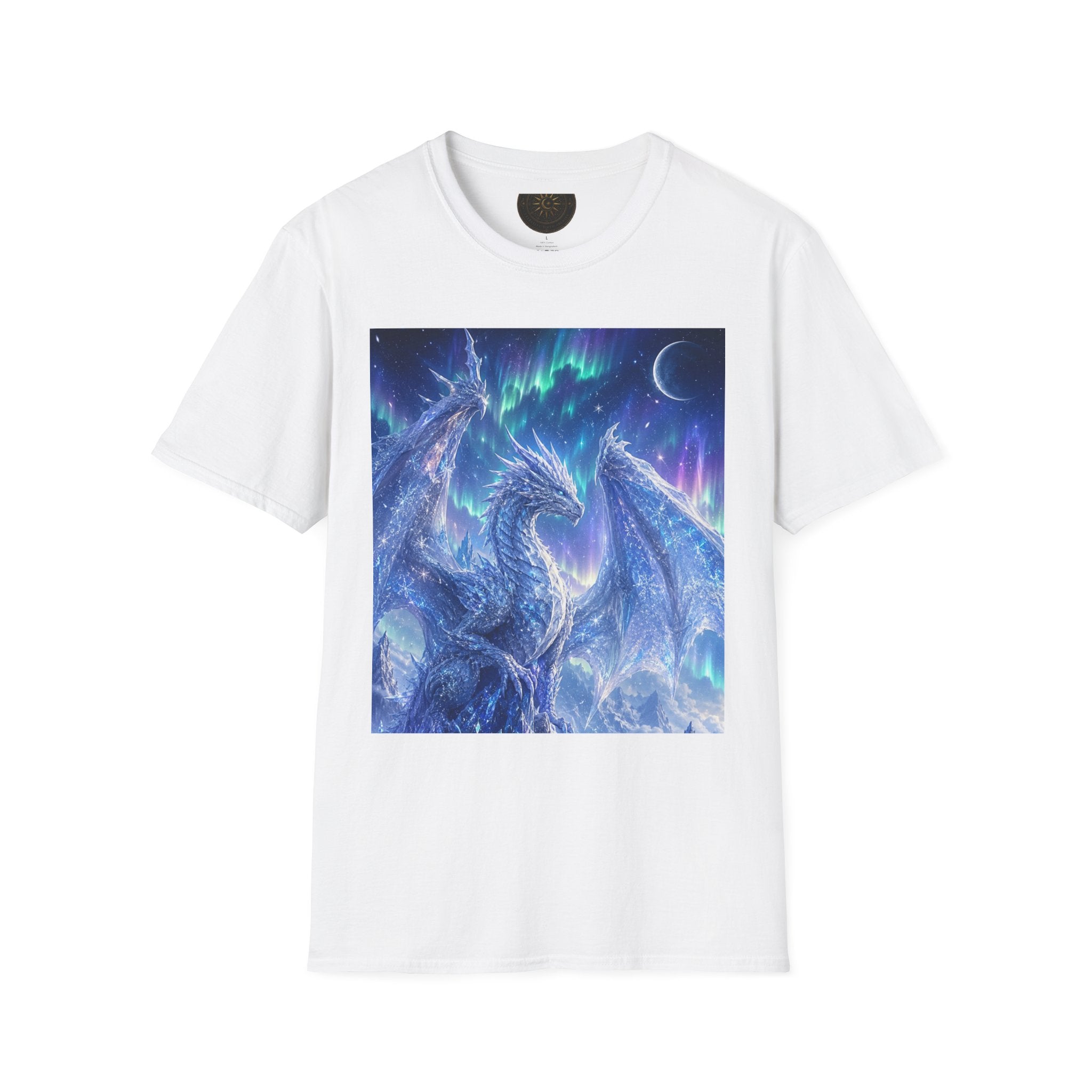 White t-shirt with a dragon graphic design on a white background