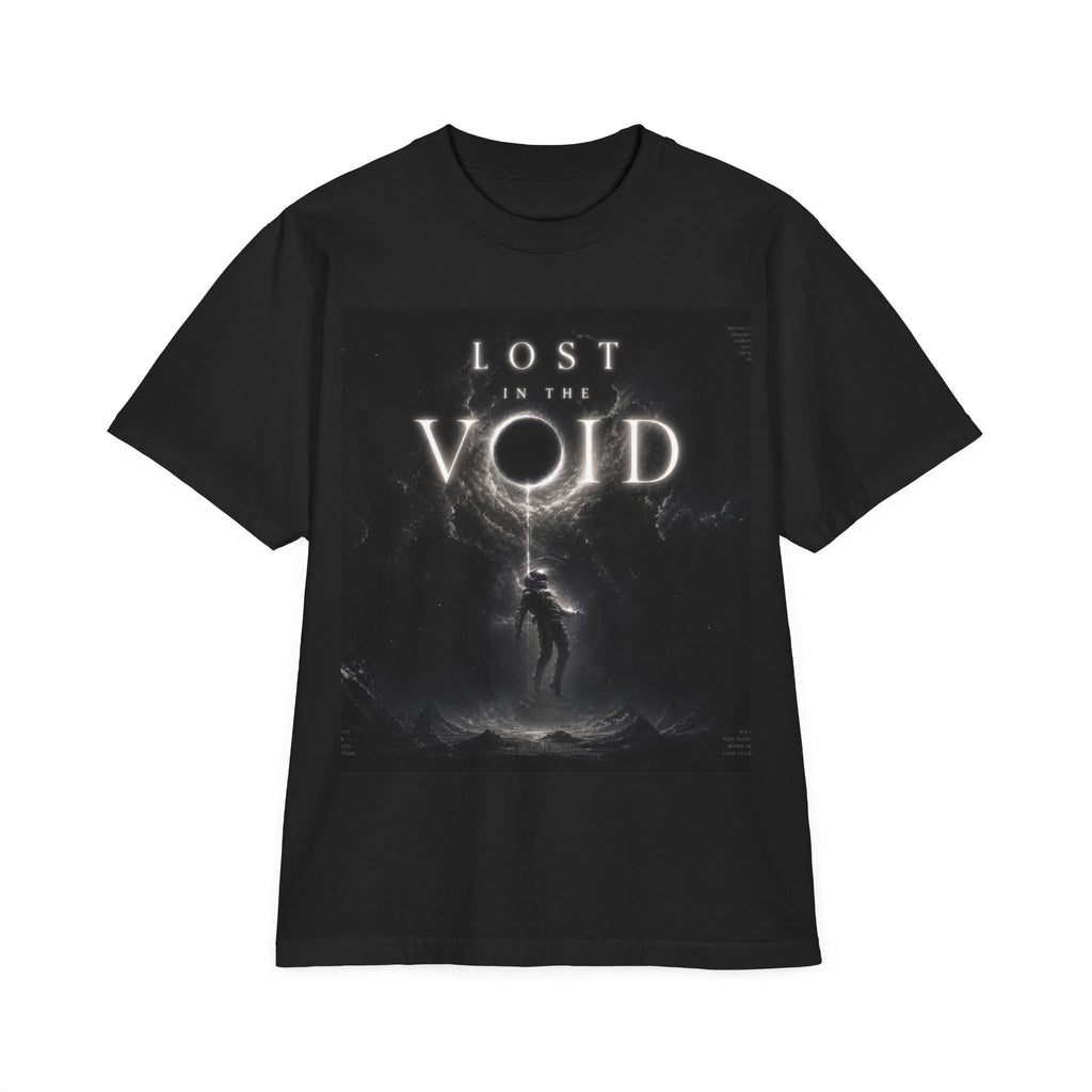 Black t-shirt with 'Lost in the Void' graphic design on a white background
