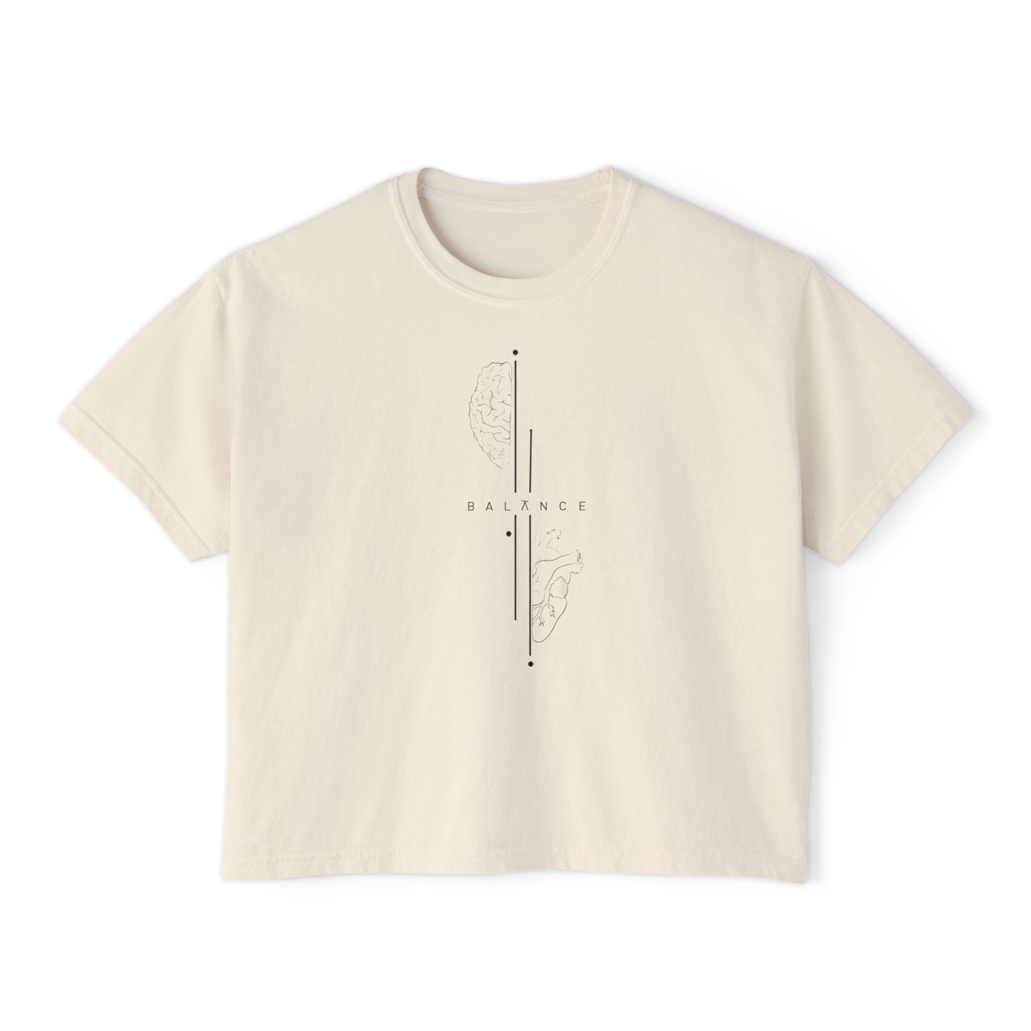 Beige t-shirt with a graphic design on a white background