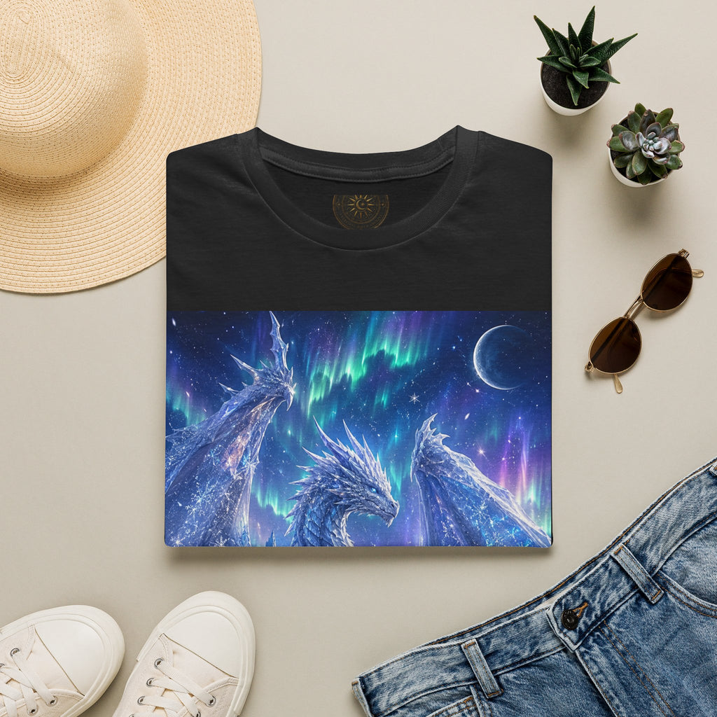 Black t-shirt with dragon and aurora design on a beige surface with accessories.