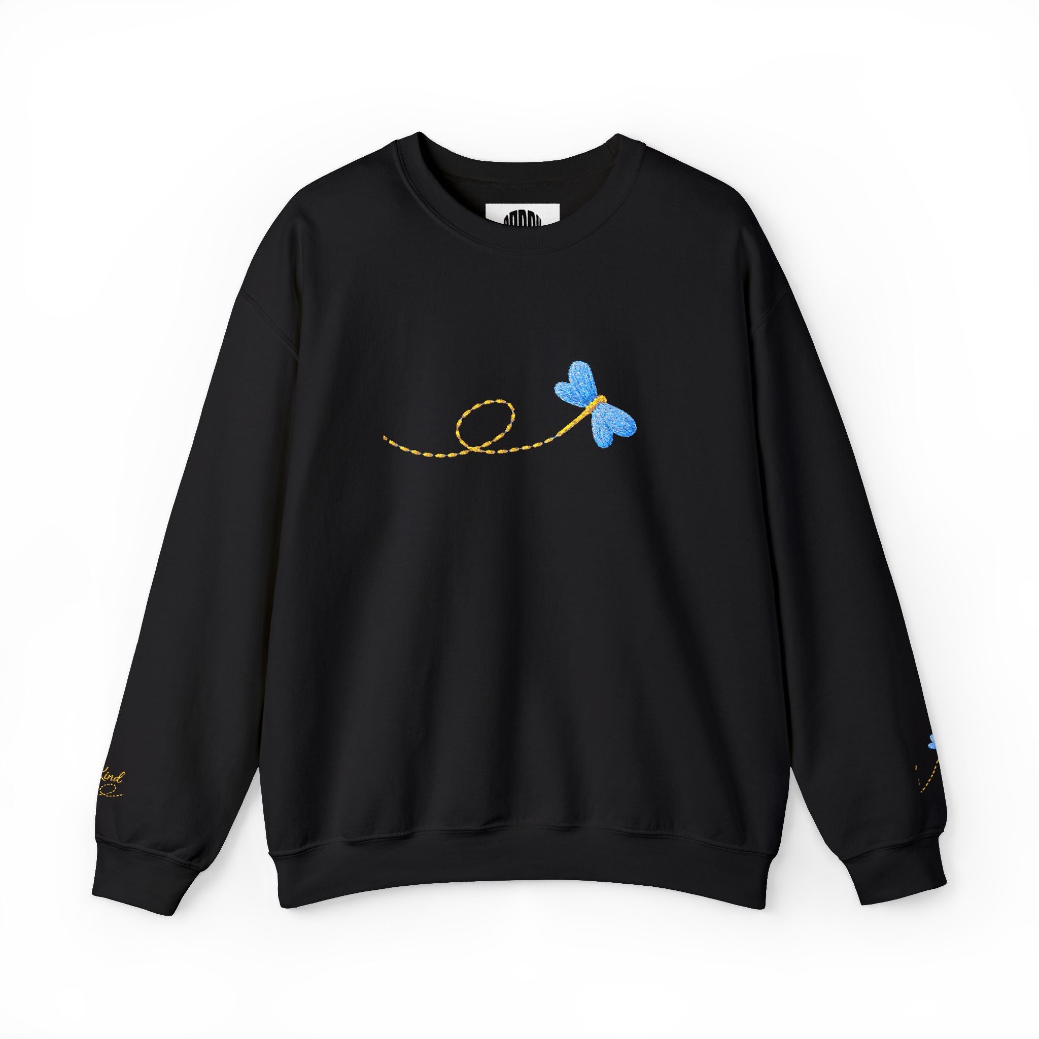 Black sweatshirt with embroidered design on a white background