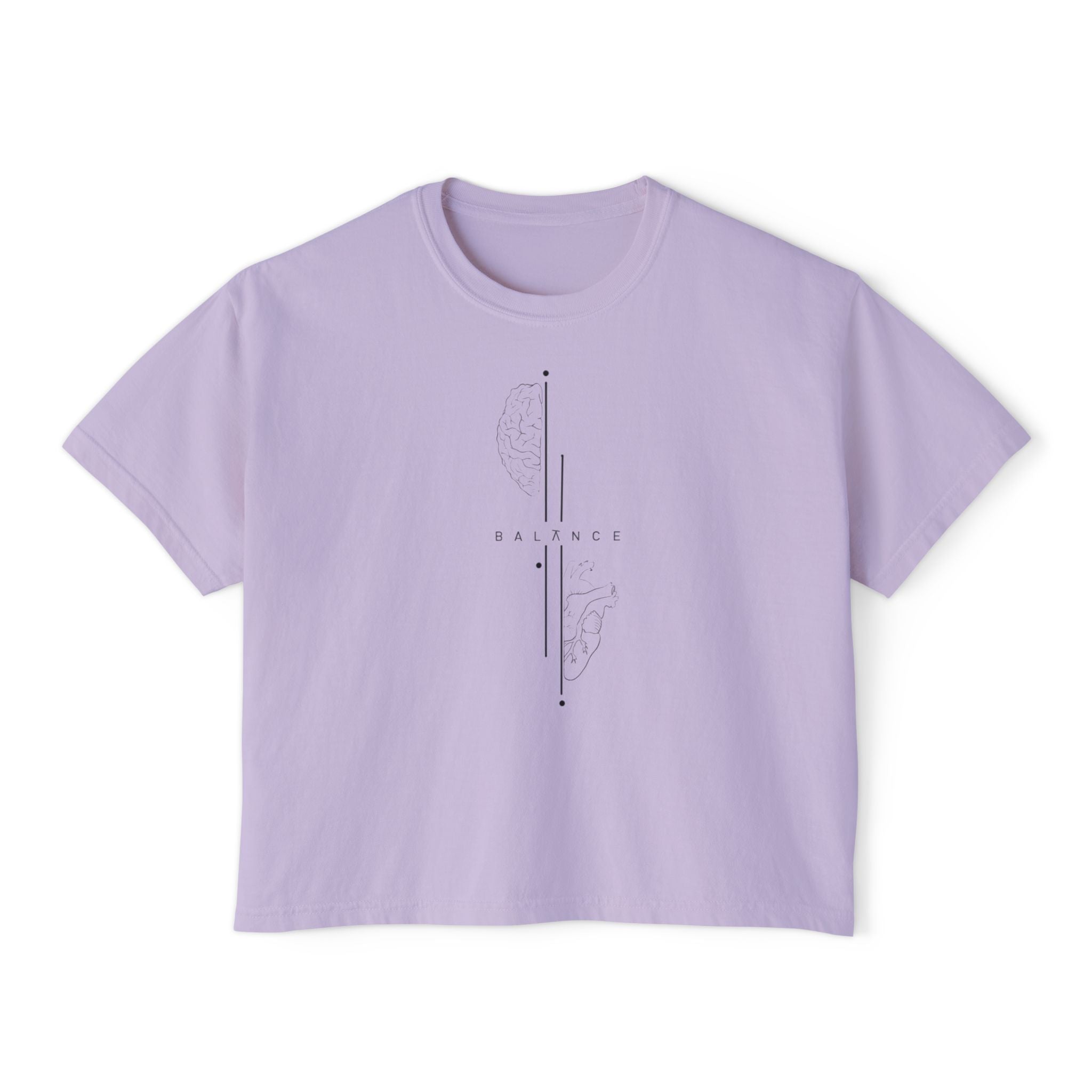 Lavender t-shirt with a pink heart design on a white background