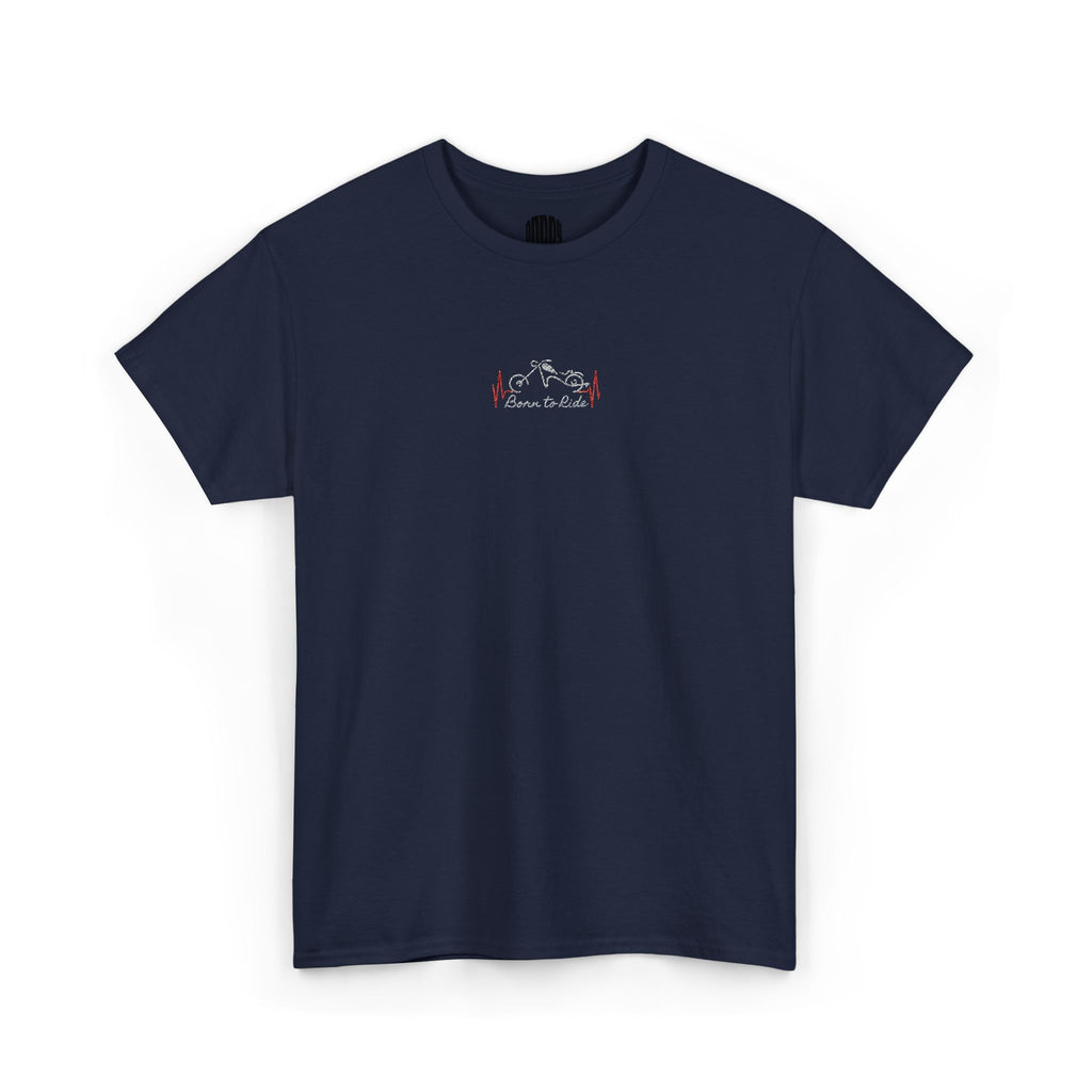 Navy blue t-shirt with a small white graphic on a white background