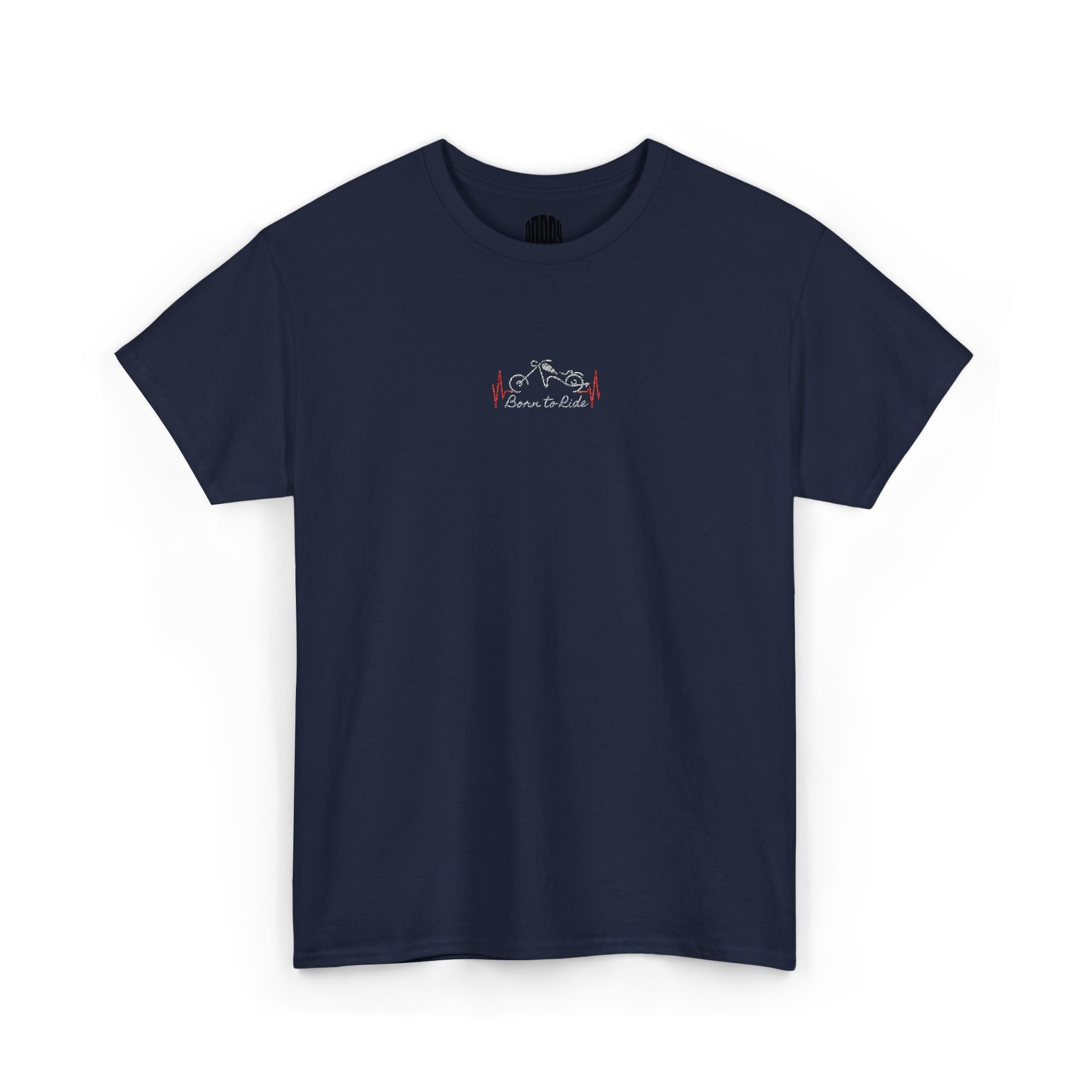 Navy blue t-shirt with a small white graphic on a white background