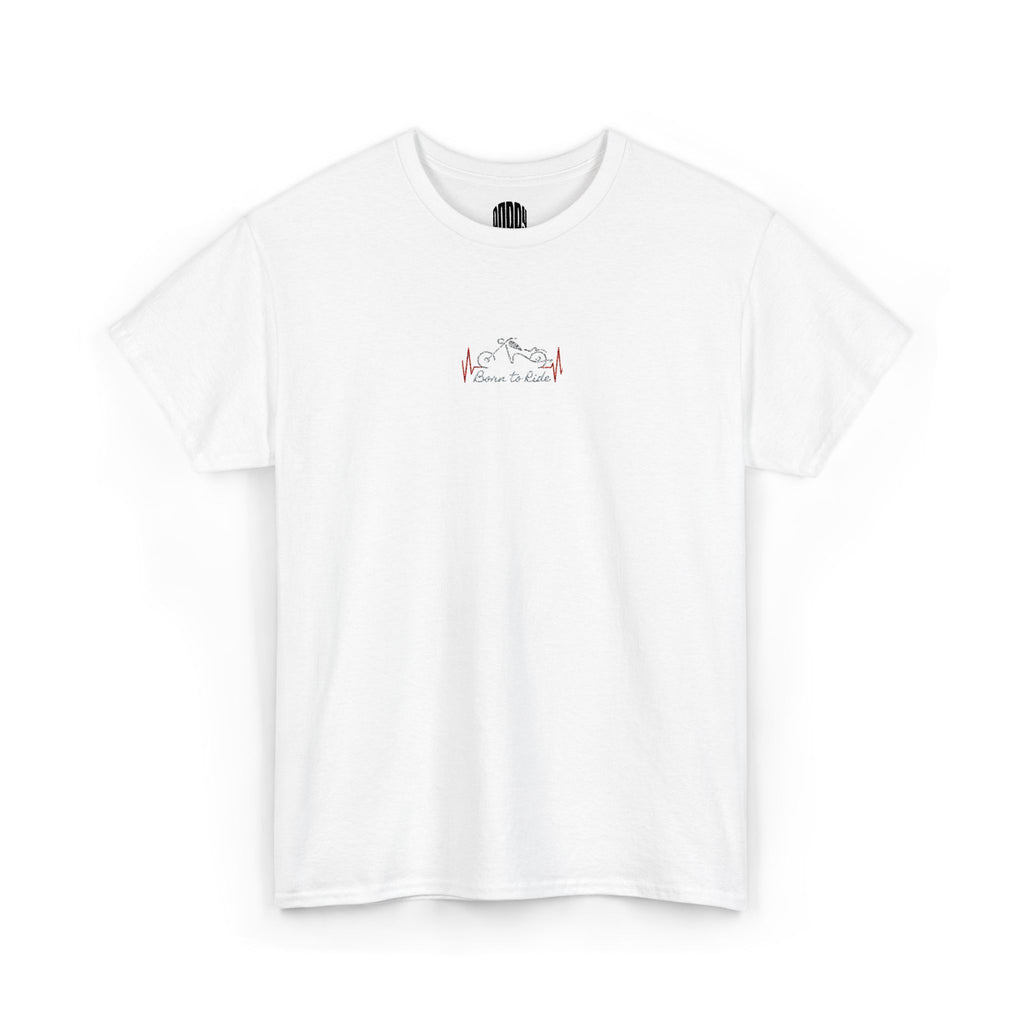 White t-shirt with a small logo on a white background
