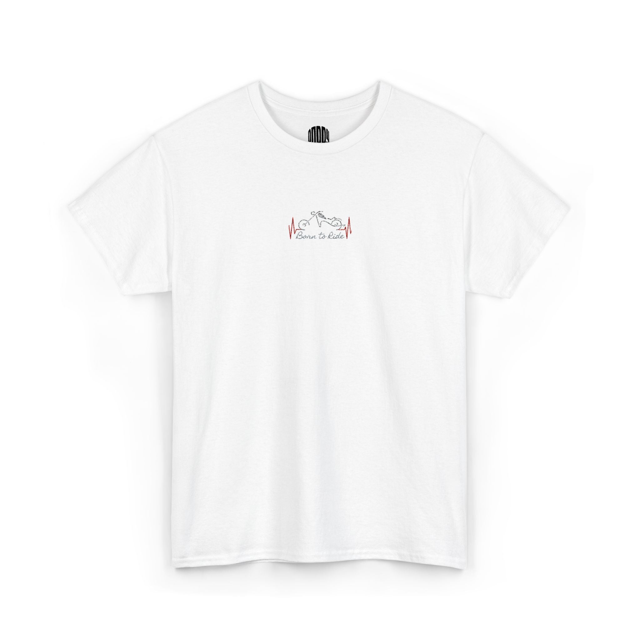 White t-shirt with a small logo on a white background