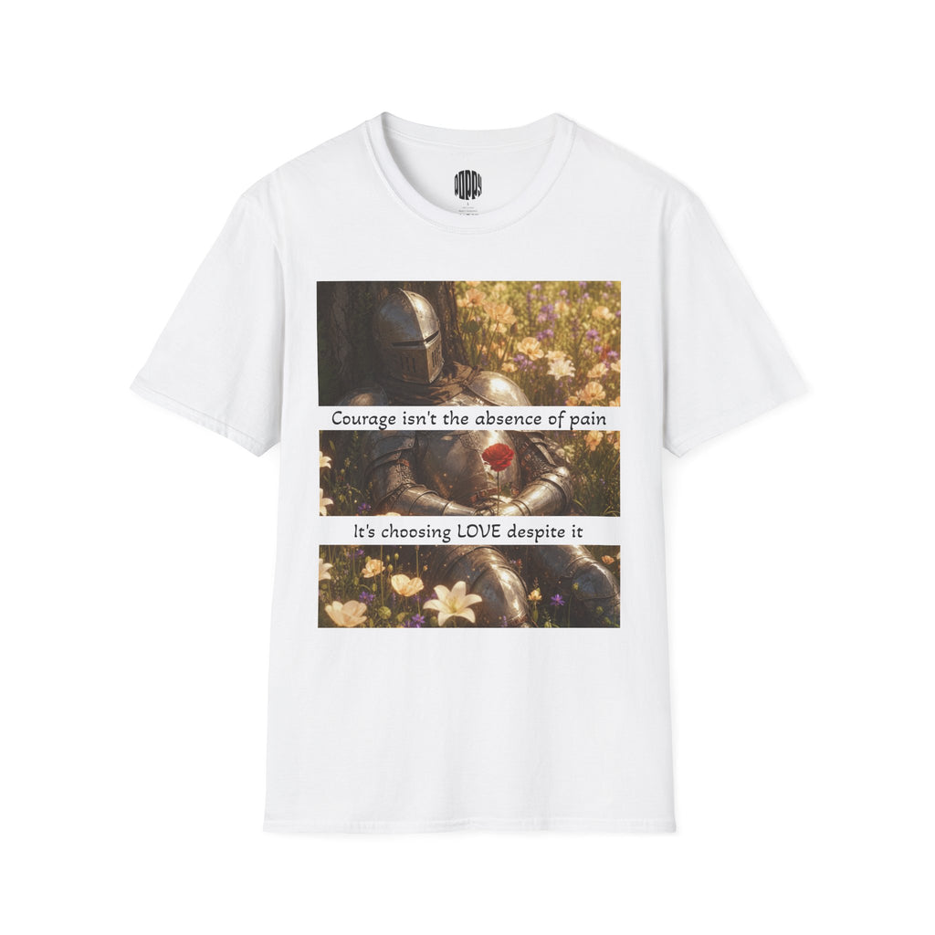 White t-shirt with graphic design and text on a white background
