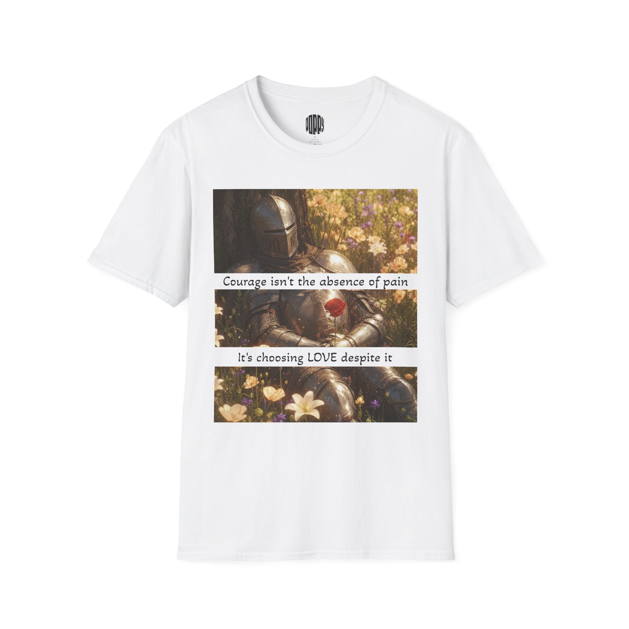 White t-shirt with graphic design and text on a white background