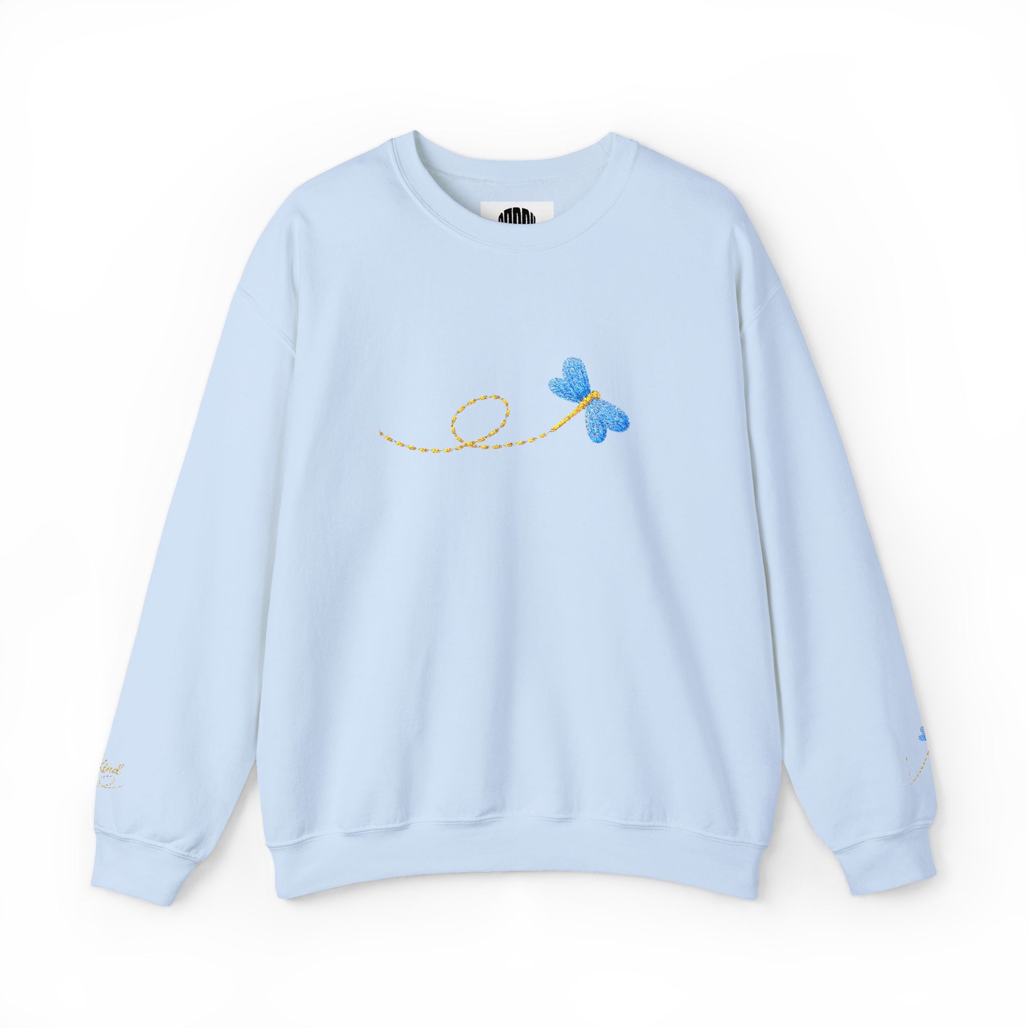 Light blue sweatshirt with embroidered design on a white background