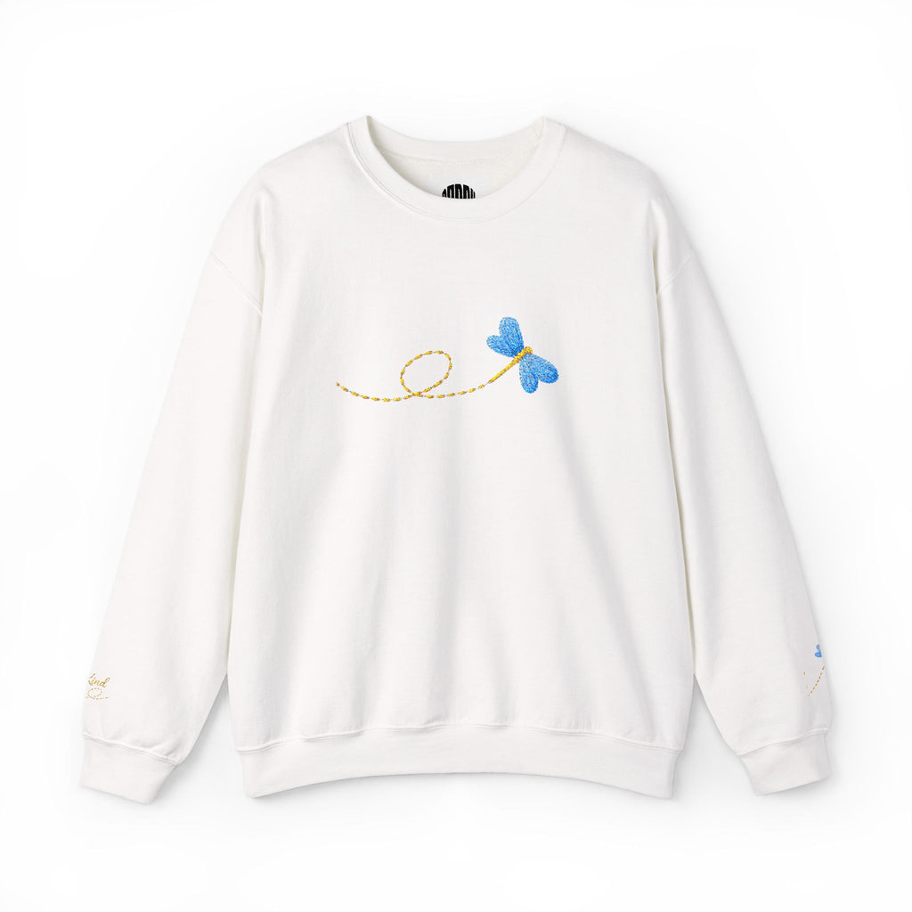 White sweatshirt with embroidered design on a white background