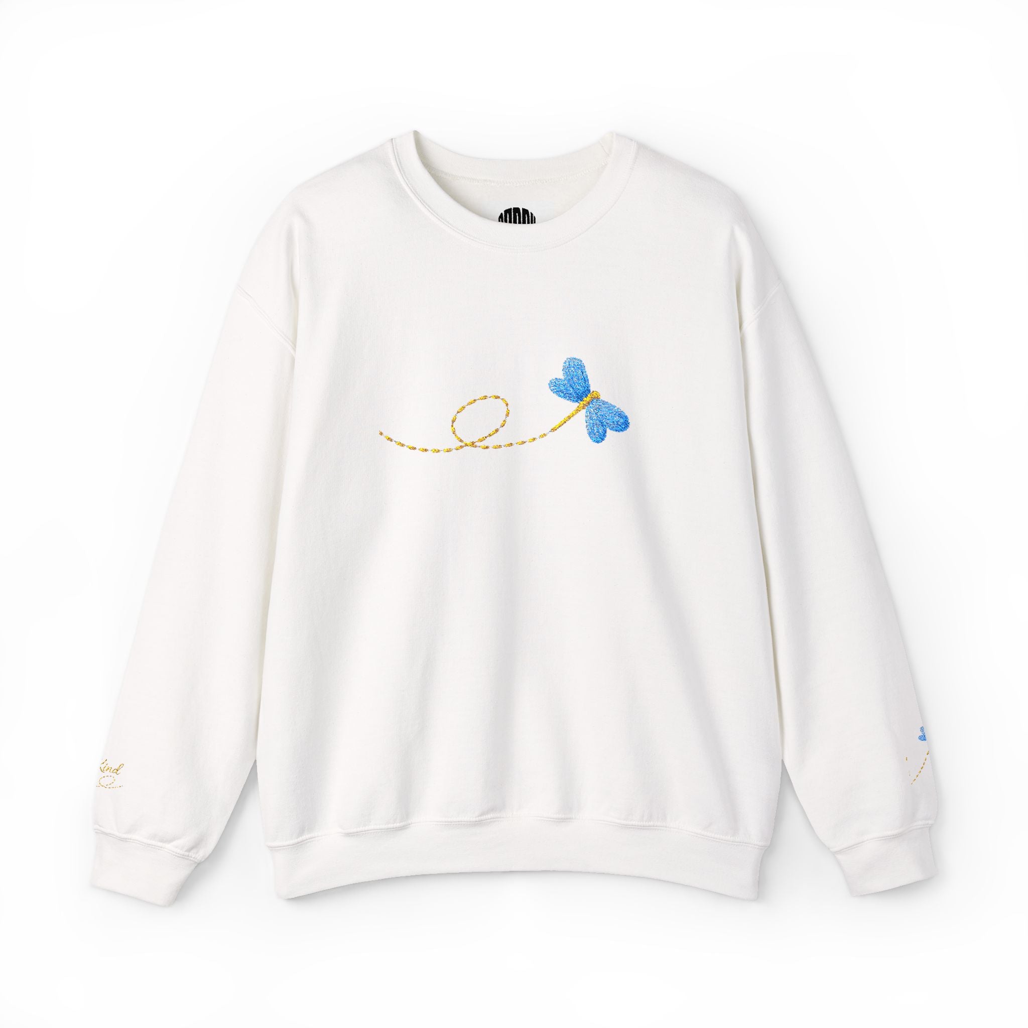 White sweatshirt with embroidered design on a white background