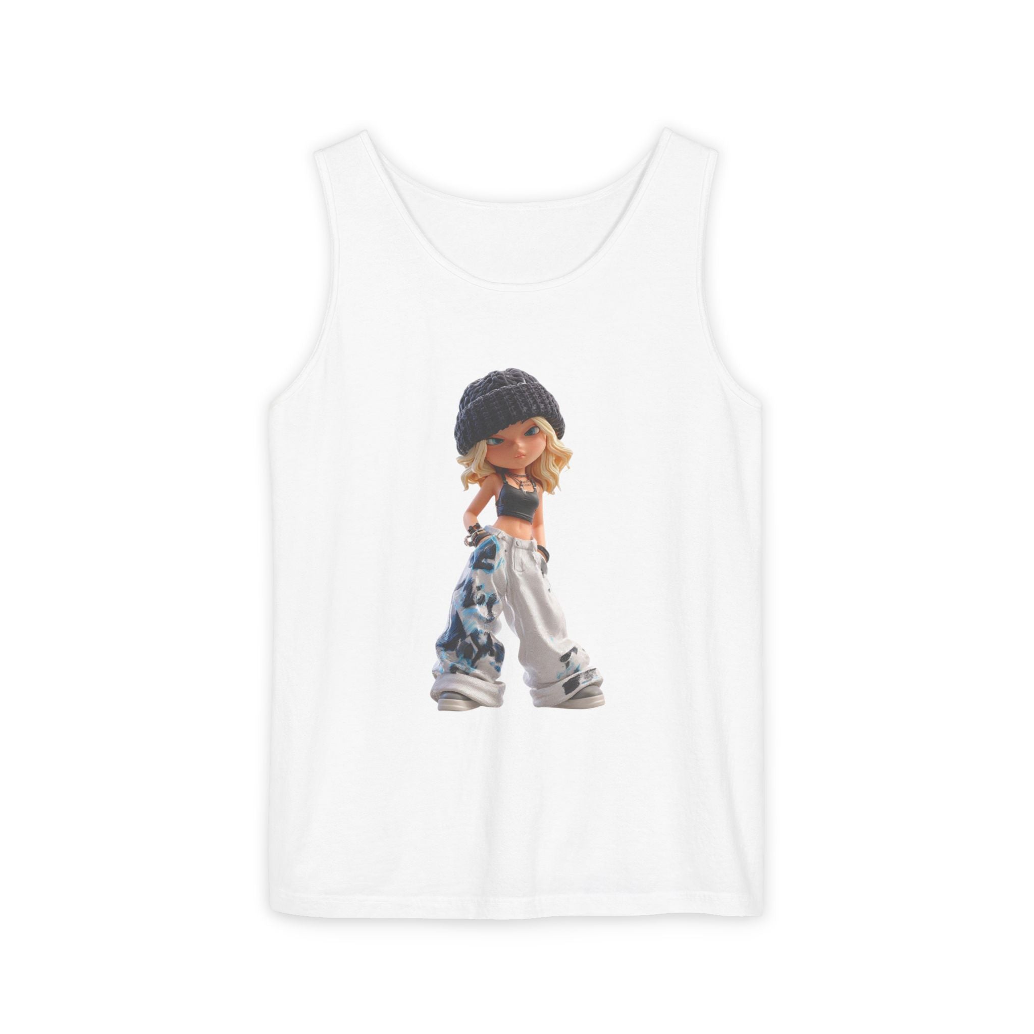 White tank top with a graphic of a person wearing a beanie and colorful pants on a white background