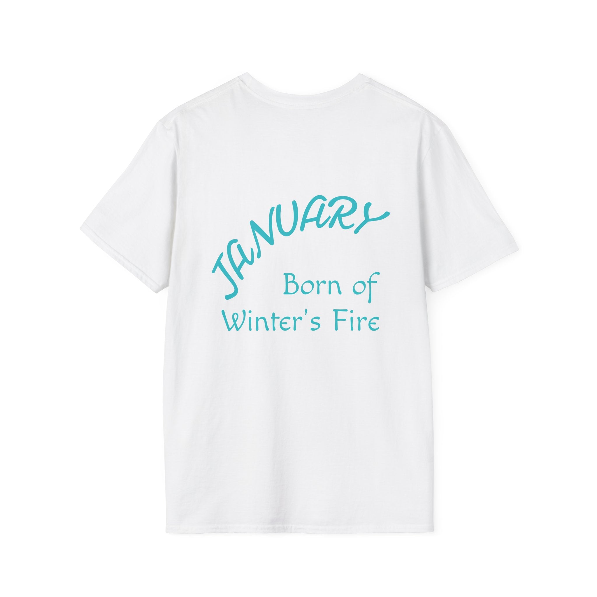 White t-shirt with turquoise text on a white background