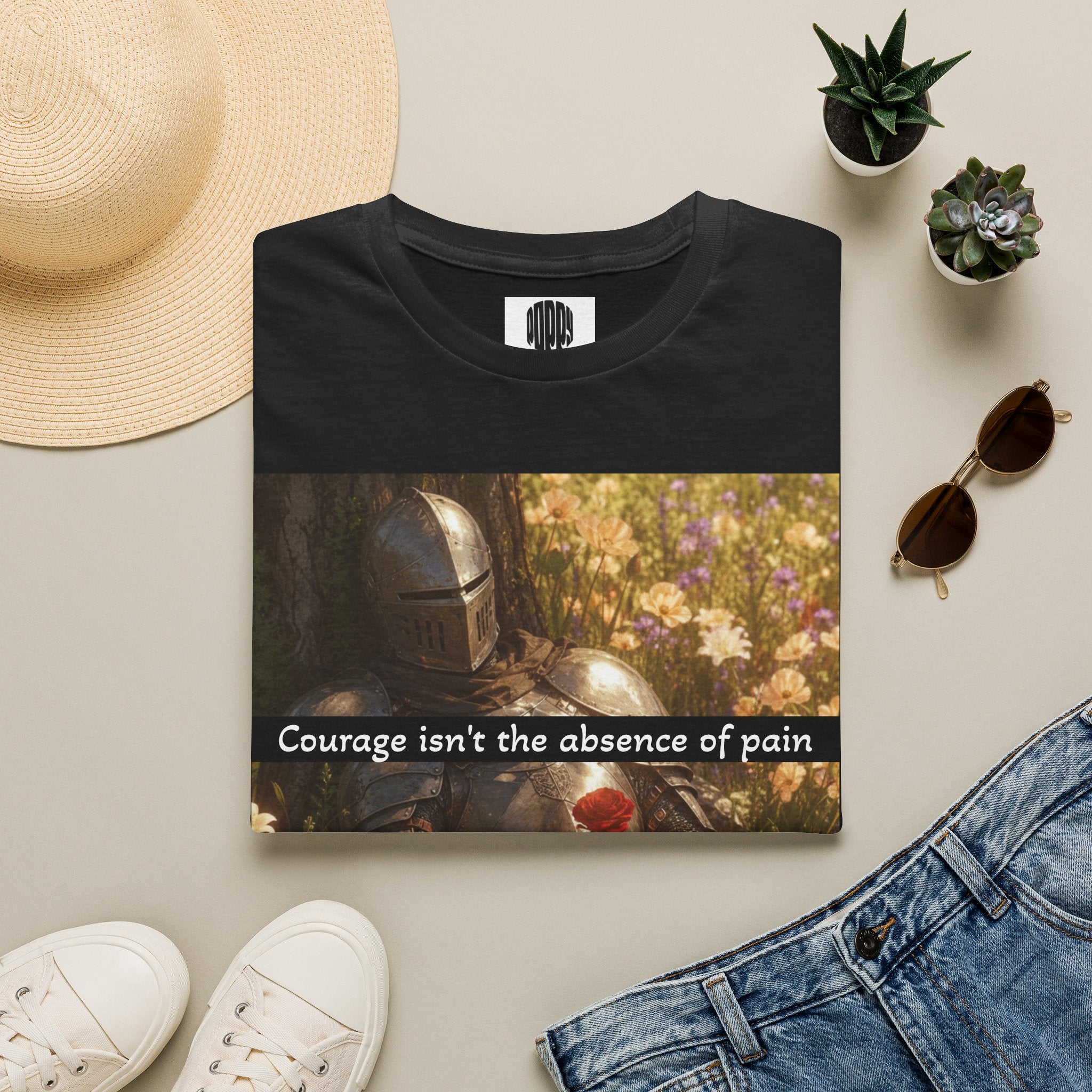 T‑Shirt — 'Courage isn't the absence of pain' Floral Mandalorian Tribute