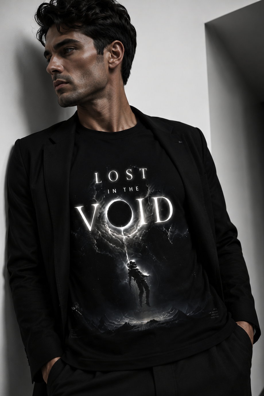 Man wearing a black t-shirt with 'Lost in the Void' design against a plain background