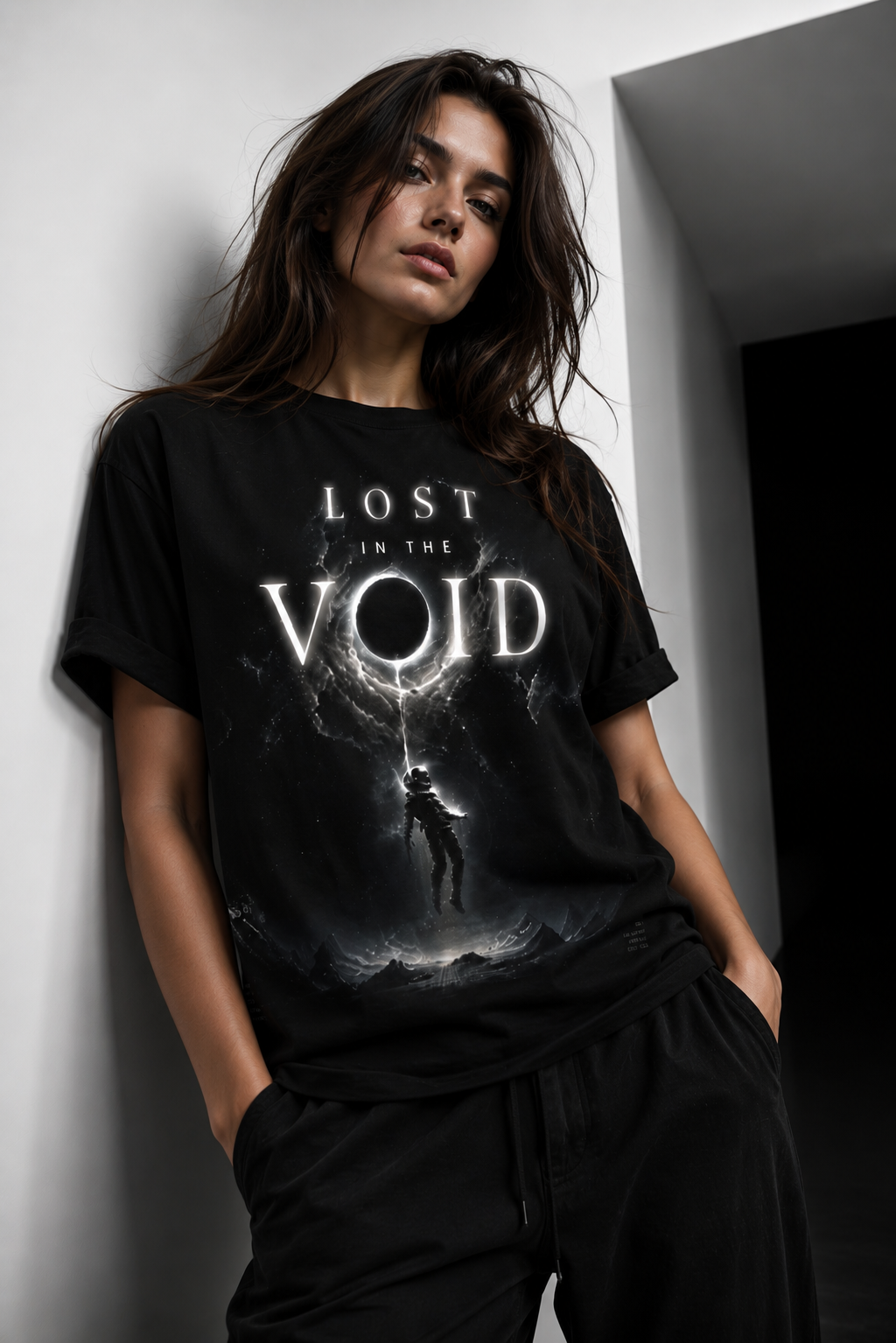 Person wearing a black t-shirt with 'Lost in the Void' graphic design.